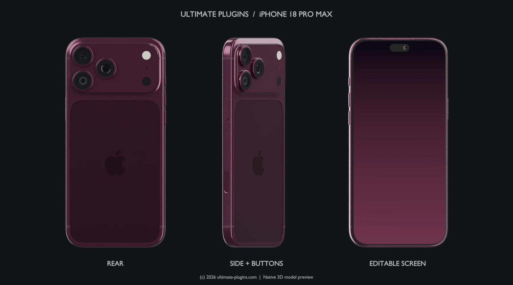 iPhone 18 Pro Max mockup: rear, side and editable screen