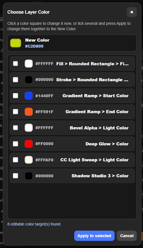 Ultimate Colors target picker listing editable Fill, Stroke, gradient, and effect colors in a selected After Effects layer